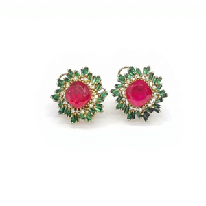 Boucles d'oreilles ovales 12654Ruby avec pierres en zircone cubique taille baguette, plaquées Mehandi, halo vert et transparent, pour femmes, mariage, fête - Product Image 1