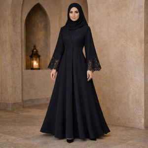 <b>Black</b> Polyester <b>Lace</b> Cuff Abaya Women <b>Long</b> <b>Sleeve</b> Islamic <b>Dress</b> V Neck Modest Floor Length Prayer Wedding Wear - Product Image 1