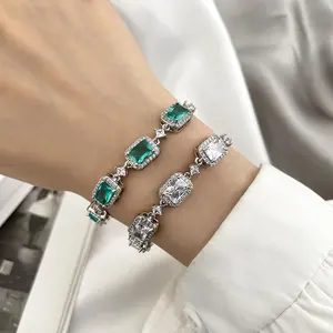 Custom Luxury Jewelry Cubic Zirconia Bracelet Women Emerald Green Gemstone 925 Sterling Silver Infinity Link Chain Bracelet
