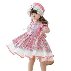Новое поступление 20QZ61, Летнее Детское платье с коротким рукавом в стиле "Лолита", с испанским розовым цветком, с брюками, платья принцессы для девочек, винтажная одежда