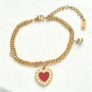Bracelet en or 18 carats plaqué or pour femmes, en acier inoxydable, avec perles en strass, cœur rouge, résistant au ternissement, bijoux tendance - Product Image 1