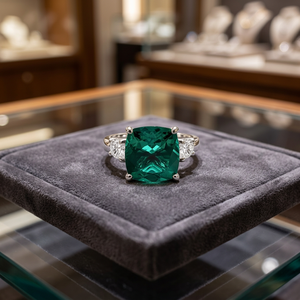 Anillo con Esmeralda Verde Corte Cojín y Diamantes Laterales, Bañado en Rodio, Oro 10K/14K/18K, Plata 925/935, para Aniversario de Bodas - Product Image 1