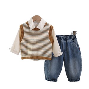 Tenue d'automne 3 pièces pour bébé garçon, <span class=keywords><strong>gilet</strong></span> en tricot rayé, chemise à manches longues, pantalon en jean - Product Image 5