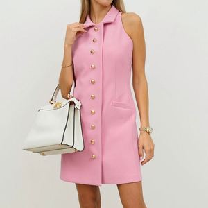 <span class=keywords><strong>Robe</strong></span> mini moulante <span class=keywords><strong>blanche</strong></span> personnalisée pour femme, élégante, en maille, <span class=keywords><strong>sans</strong></span> manches, col polo, boutonnée, idéale pour l'été - Product Image 1