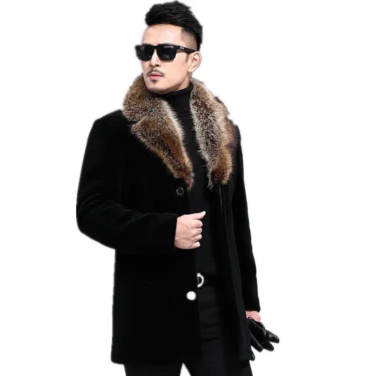 Casaco de inverno masculino de mistura de lã com gola média e de peito único, casaco longo com gola entalhada, casaco quente