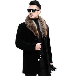 Men Single Breasted Medium Hair Collar Long Coats Mens Wool Blend Coat Notched Collar Single Breasted Winter Coat Men Warm