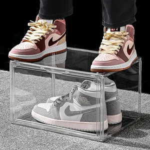 drop-front transparente schuh-aufbewahrungsbox aus kunststoff, stapelbare schuhbox mit magnetischem platzsparendem schuhhalter