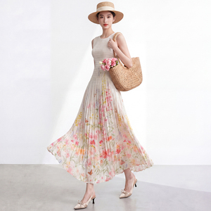 Robe longue plissée en mousseline tissée écologique sans manches, col rond, taille naturelle, mi-mollet, décontractée d'été pour femme - Product Image 1