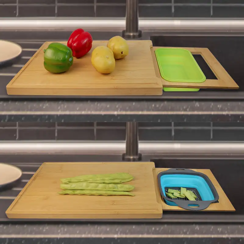 シリコン容器と排水バスケットを備えたキッチン用のシンクまな板上の拡張可能な竹まな板