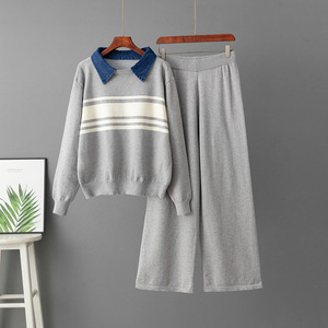 Elegant Women's Striped <b>Knit</b> <b>Set</b> Denim Polo Neck Pullover High Rise Flowy Wide Leg Trousers Quiet Luxury Aesthetic Lounge Outfit - Product Image 3