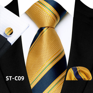 Conjunto de Gravata Masculina de Luxo 8cm para Negócios, Jacquard Preto e Dourado Listrado Xadrez Paisley, Lenço de Bolso e Abotoaduras, Presente para Casamento e Negócios - Product Image 4