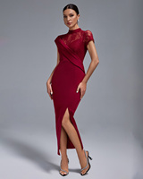 Robe de soirée mi-longue moulante Ocstrade Fashion pour femme, bordeaux, avec empiècements en dentelle, col montant, manches courtes, style bandage, élégante et décontractée