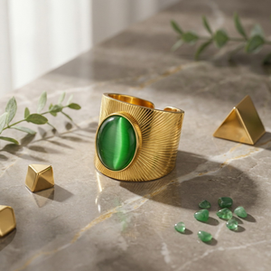Ins Chic Vintage Statement Finger Ring Tarnish‑Resistant Stainless Steel 18K Gold Plated <b>Large</b> Oval Green Cat‑Eye <b>Stone</b> Wide - Product Image 4