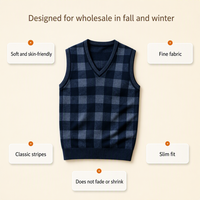 Gilet pull sans manches en tricot à col en V à carreaux pour homme, personnalisable avec logo, idéal pour le style décontracté professionnel, vente en gros