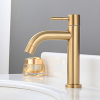 Robinet de lavabo de salle de bain moderne en acier inoxydable, monotrou, à poignée unique, avec cartouche céramique, finition or brossé contemporain