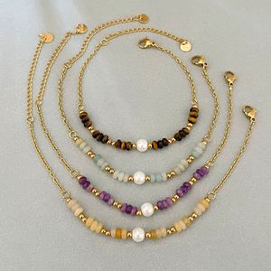 Wholesale <b>Tiger</b> <b>Eye</b> Stone & Simulated Pearl <b>Bracelet</b>, Stainless Steel Beaded Chain, Minimalist Dainty Jewelry for Women - Product Image 1