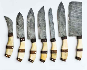 Juego de Cuchillos de Cocina de Acero de Damasco Hechos a Mano, 7 Piezas, con Mango de Hueso de Camello y Madera - Product Image 1
