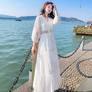 Quality <strong>Fairy</strong> <strong>White</strong> Spring Summer New Fashion Hollow Design Long Bohemian Solid Color Slim Organic Cotton V-neck Crochet <strong>Dress</strong> - Product Image 4