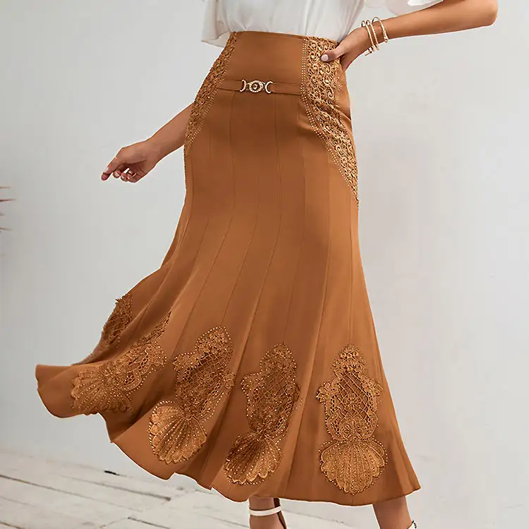 Elegant Long Skirts For Women Flower Net Stitching Top High-waist Skirt Ladies Evening Party Luxury Vintage A Line Skirt