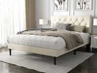 Cadre de lit à plateforme Queen Size avec tête de lit capitonnée à boutons rembourrés, fondation de matelas avec support à lattes en bois