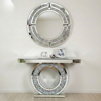 Table console moderne en miroir effet diamant écrasé et ensemble de miroir rond argenté pour salon