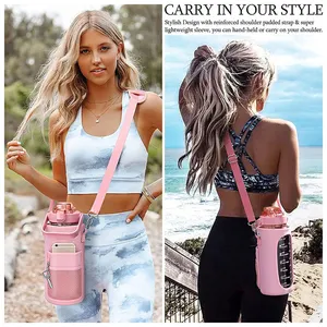 Biểu Tượng Tùy Chỉnh Nửa Gallon Chai Nước Với Tay Áo 64 Oz Motivational Chai Nước Với Rơm & Thời Gian Đánh Dấu Cho Uống