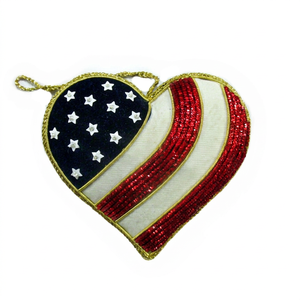 Luxury Handcrafted Patriotic USA Flag <b>Heart</b> Hanging <b>Ornament</b> Beaded Embroidered Stars Stripes Unique Christmas Tree Decor 4th - Product Image 1