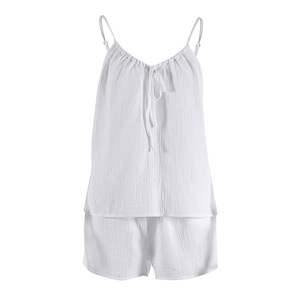 Piyama Vest Halter Seksi Musim Panas 2026 Tanpa Lengan, Set Celana Pendek Katun Murni Dua Lapis, Pakaian Santai Wanita, Bernapas, Elegan - Product Image 4