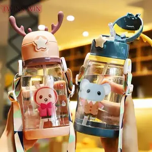 Deer Horn Water Cup Student Girl Cute Little Bear Plastic Water Bottle Portable Straw Cup Promotional Gift 005A