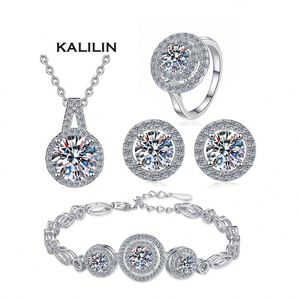 Ensemble de bijoux en argent 925, collier, boucles d'oreilles et bague en zircon rond, pour femme, mariage, fiançailles, fête, classique, plaqué rhodium, fleur - Product Image 1