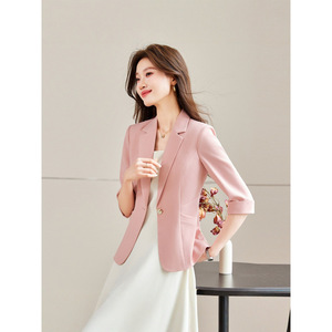 Women's Blazer Light Blue Solid Color Three Quarter Sleeve Slim Fit Casual Office Wear - Product Image 3