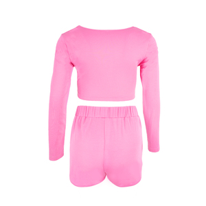 Conjuntos <span class=keywords><strong>de</strong></span> Ropa para Niñas Pequeñas, Color Rosa Fucsia, Top Corto Cruzado con Cuello en V y Manga Larga, Pantalones Cortos Tipo Delfín, Dos Piezas - Product Image 2