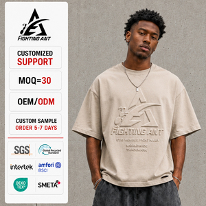 T-shirt da uomo oversize in cotone pesante 260GSM Fighting Ant personalizzata, lavaggio vintage, logo 3D in rilievo, stampa posteriore, stile streetwear - Product Image 2