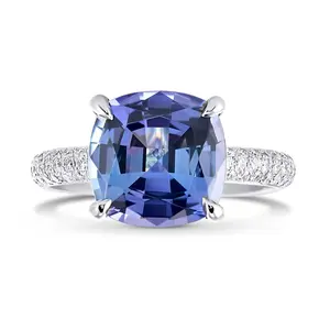 14k 18k Solid White Gold Engagement Fine Jewelry Full Pave Diamond Rounded Shank Cushion Violet Tanzanite Ring