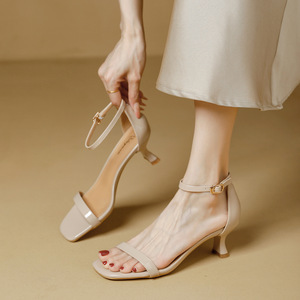 Sandalias de Tacón para Mujer, Punta Cuadrada, Tacón Medio, Tacón Delgado, Correa Trasera con Hebilla, Elegantes, a la Moda, Color Sólido, Forro de PU - Product Image 3