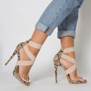 <span class=keywords><strong>Beige</strong></span> serpent clair à lanières talons aiguilles femmes chaussures à talons hauts pour dames sandales - Product Image 1