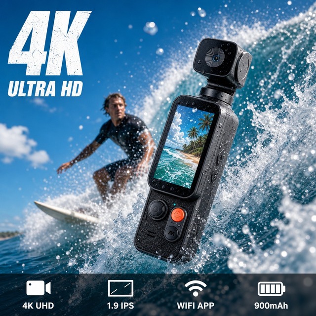 4K Mini Action Camera Pocket DV 1.90inch Display 2.4G WiFi XDV App Control Loop Recording Handheld Portable 128GB Built-in