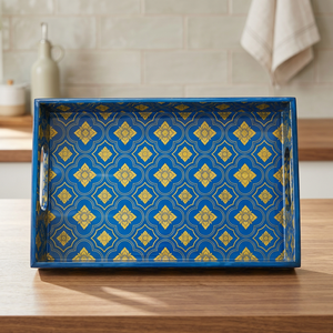 Plateau de service décoratif en MDF – Plateau en bois imprimé bleu et or pour la maison, la salle à manger, le thé et le service de table - Product Image 5