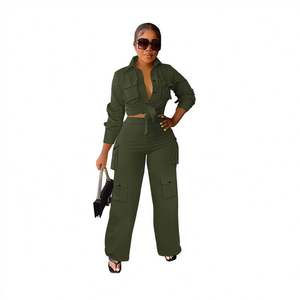 Nouveauté Femmes 2 Crop Top <span class=keywords><strong>Cargo</strong></span> Wide Leg Pants Jogger Set Blank Pocket <span class=keywords><strong>Outfit</strong></span> Deux pièces Ensembles Vêtements pour femmes Automne 2023 - Product Image 4