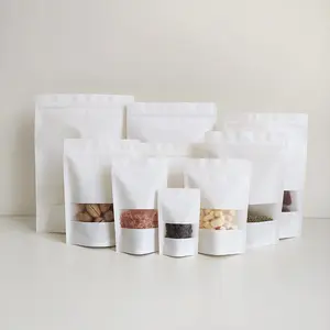 In magazzino e sacchetti di carta kraft marrone bianco richiudibili personalizzati imballaggio alimentare sacchetti In carta artigianale a chiusura lampo con finestra