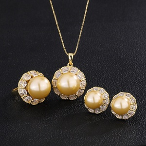 Fashion Eco-friendly Copper 16*12mm Golden Shell Pearl Korean Style Handmade Pendant Earrings Ring Set Pearl Jewellery Set - Product Image 3