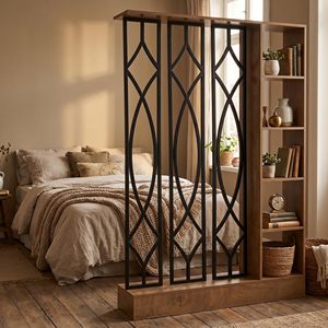 SENYU Industrial Black <b>Metal</b> Room Divider with Wood Bookshelf 5-Tier <b>Storage</b> <b>Cabinet</b> for Living Room Entryway - Product Image 4