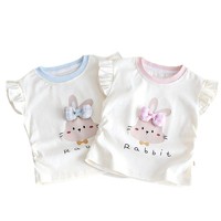 Kaos Anak Perempuan 3D Motif Pita Kelinci Lengan Mengembang 100% Katun Atasan Lengan Pendek Musim Panas untuk Balita Pakaian Bayi Grosir