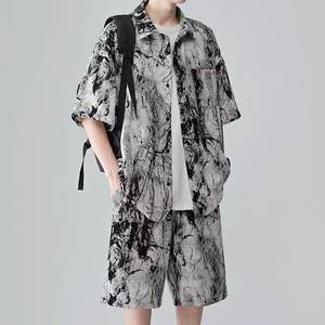 Conjunto de Dos Piezas de Camiseta de Manga Corta con Estampado de Salpicaduras de Tinta y Pantalones Cortos Deportivos Casuales de Verano para Hombre, Marca de Moda, Fresco y Informal, Tejido de Ganchillo - Product Image 3