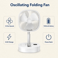Ventilateur portable pliable rechargeable avec tête oscillante, commande par bouton, batterie externe 7200 mAh, USB, double usage bureau/sol, rafraîchissement réglable pour voiture et camping-car