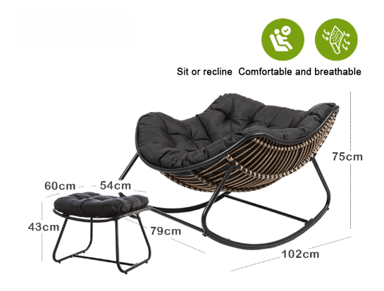 Sedia a dondolo in rattan nero + poggiapiedi + cuscino in ollifin