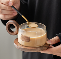 Ensemble de tasse à café en verre exquis boisson de thé de l'après-midi avec cuillère sous-verre en bois de noyer Simple tasse de thé au lait domestique