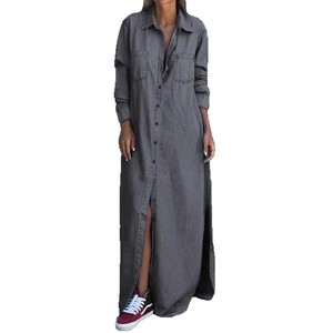 Vestido largo <span class=keywords><strong>de</strong></span> <span class=keywords><strong>mezclilla</strong></span> estilo europeo <span class=keywords><strong>con</strong></span> cuello tipo cárdigan, manga larga, holgado, ultra largo, <span class=keywords><strong>con</strong></span> abertura lateral, tipo <span class=keywords><strong>blusa</strong></span> y <span class=keywords><strong>falda</strong></span>, al por mayor. - Product Image 5