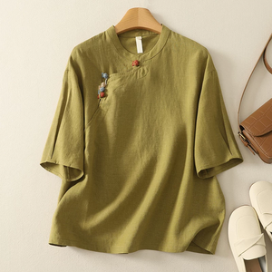 Nuova camicia in cotone stile cinese camicia estiva retrò ampia camicetta <span class=keywords><strong>con</strong></span> abbottonatura obliqua <span class=keywords><strong>con</strong></span> bottoni annodati <span class=keywords><strong>con</strong></span> collo mandarino - Product Image 2