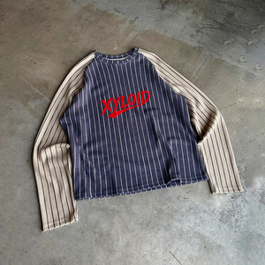 Chemises à manches longues sur mesure de haute qualité, coupe ample, imprimées à rayures, design de créateur, 100 % coton, col rond, tricot gaufré - Product Image 1